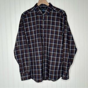 Vince Camuto Men’s Navy and Burgundy Plaid Button Down 100% Cotton Size Large
